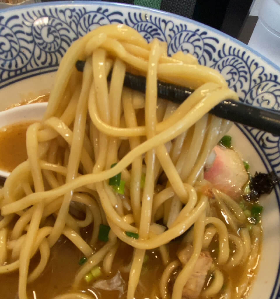 平べったい太麺はスープが絡みやすくグッド｜麺屋AMORE